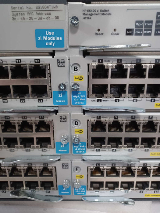 HP E5406 J8697A zl Switch w/ 5x J9534A, 1x J9535A zl modules and 2x PSU _