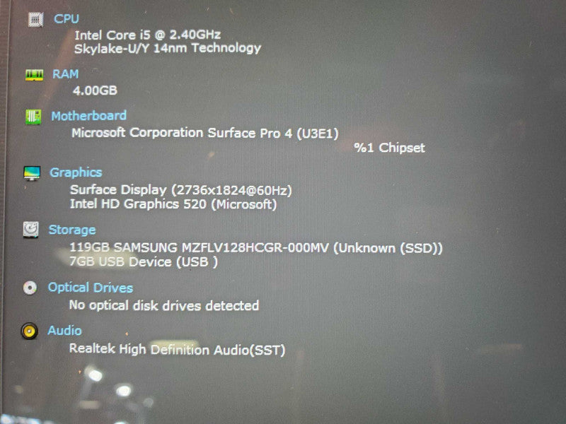 Microsoft Surface Pro 4 Core i5-6300U @ 2.40ghz 8GB DDR3 256GB SSD (