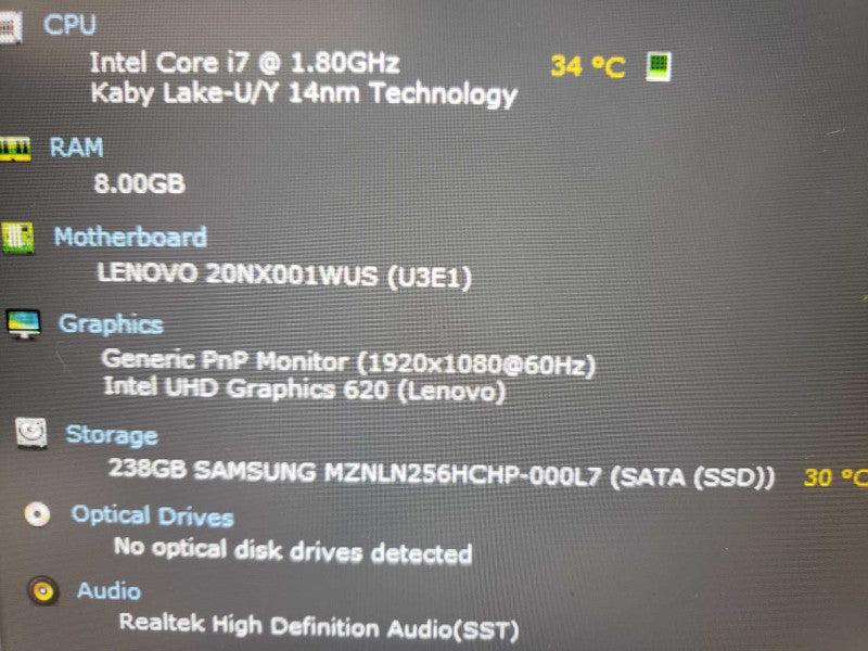 Lenovo ThinkPad T490S intel i7-8565U @ 1.80GHz / 8GB Ram ? 256GB M.2