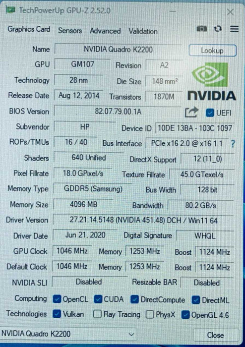 HP NVIDIA Quadro K2200 4GB GDDR5 PCI-E Video Graphics Card 764899-001 =