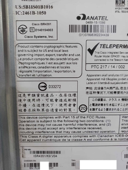 CISCO ISR4351-K9 GIGABIT Integrated Service Router 1x PSU, NO Clock issue _