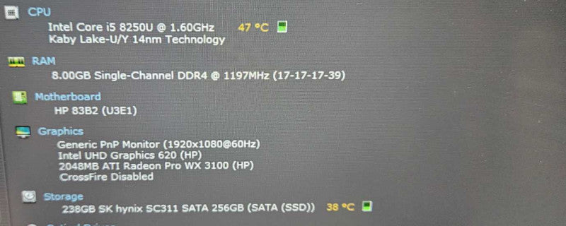 HP ZBook 14u G5 14\\" FHD Core i5-8250U @ 1.60GHz 8GB Ram 250GB SSD WX 3100 GPU