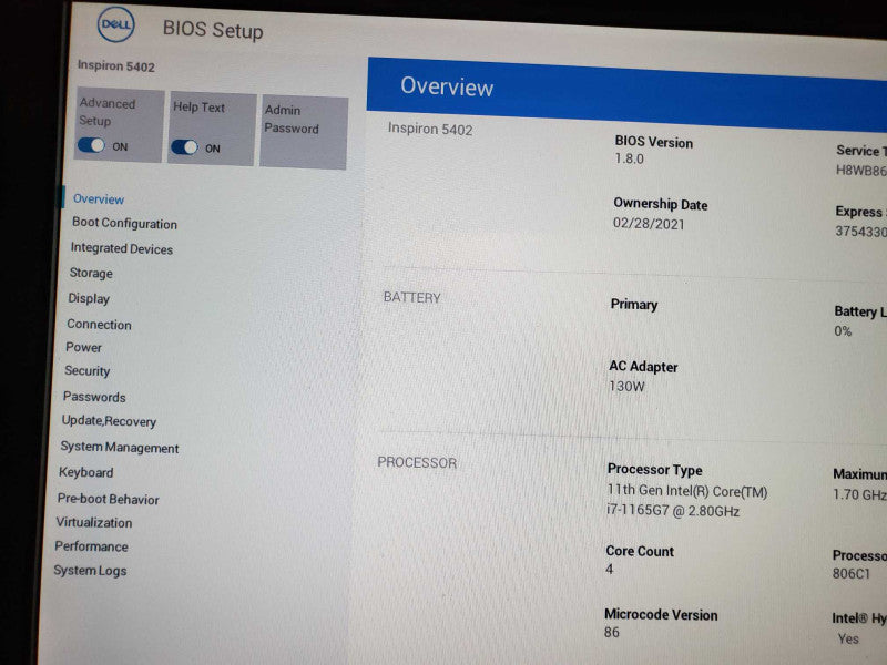Dell Inspiron 5402 intel i7-1165G7 @ 2.80GB /8GB Ram / No M.2 SSD