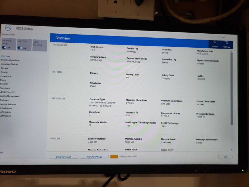Dell Inspiron 5402 intel i7-1165G7 @ 2.80GB /8GB Ram / No M.2 SSD