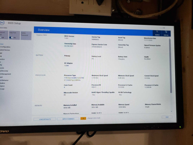 Dell Inspiron 5402 intel i7-1165G7 @ 2.80GB /8GB Ram / No M.2 SSD