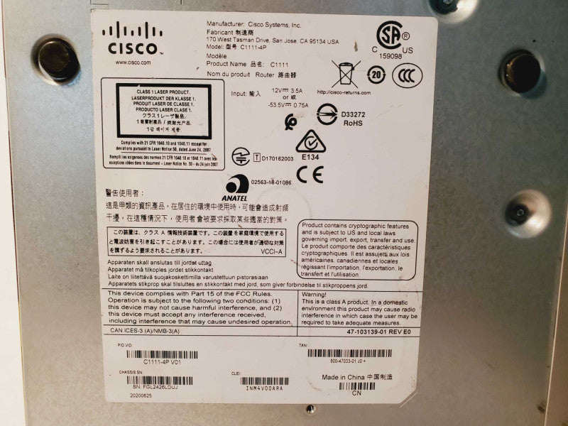Cisco ISR 1100 Series (C1111-4P) 4 x 1GB RJ45 Managed Ethernet Router (