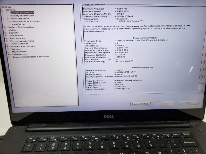 Dell Precision 5510 Xeon E3-1505M @ 2.80GHz / 8GB Ram / 256GB M.2
