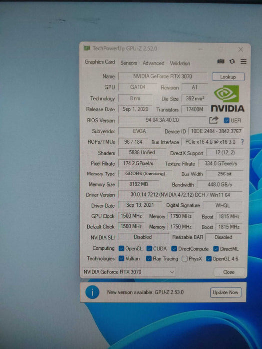 EVGA GeForce RTX 3070 FTW3 ULTRA PX1 8GB LHR GDDR6 08G-P5-3767-KL