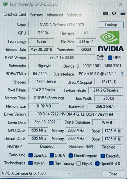 GIGABYTE GTX 1070 8gb GV-N1070G1 GAMING-8GD Video Graphics Card =