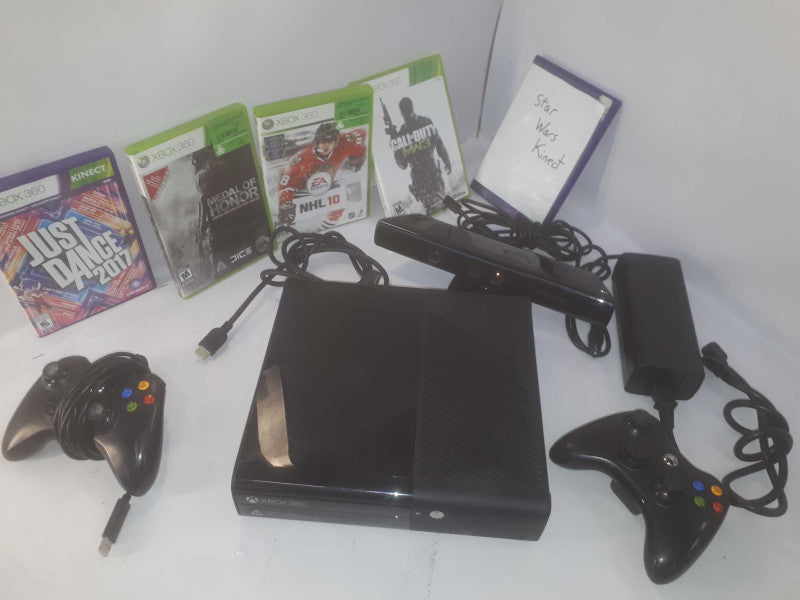 xbox 360 e console 4gb with 2 controllers & 5 games, kinect and all cables