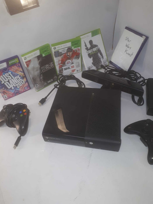 xbox 360 e console 4gb with 2 controllers & 5 games, kinect and all cables