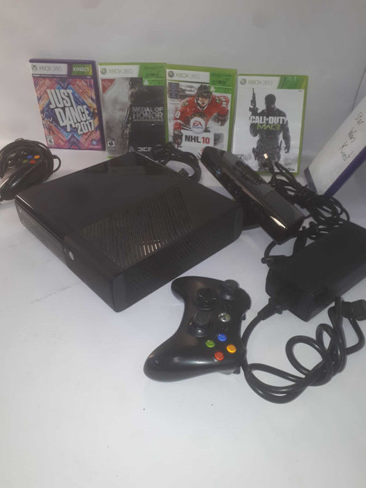 xbox 360 e console 4gb with 2 controllers & 5 games, kinect and all cables