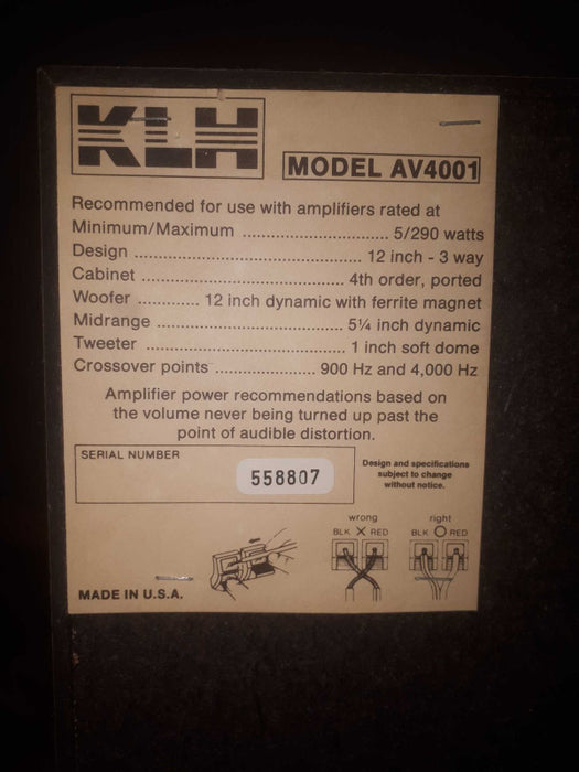 KLH Model AV4001- QTY 2 Speakers
