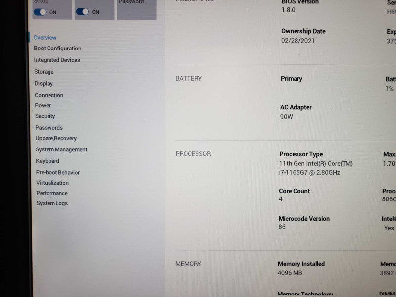 Dell Inspiron 5402 Model P130G intel i7-1165G7 @ 2.80GB /8GB Ram / No M.2 SSD