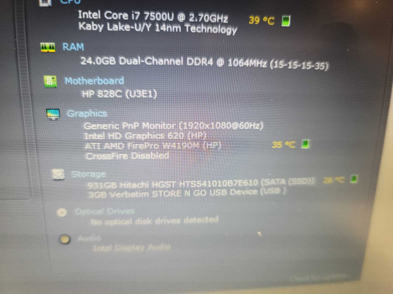 HP ZBook 15u G4 I7-7500U @ 2.70 GHz, 24GB DDR4, 1TB SSD