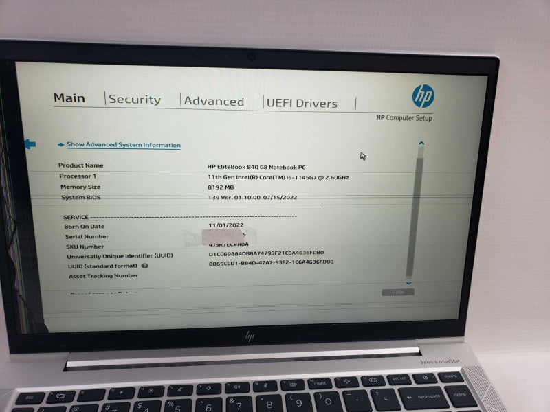HP EliteBook 840 G8 intel i5-1145G7 @2.60GHz / 8GB Ram / No M.2 ssd