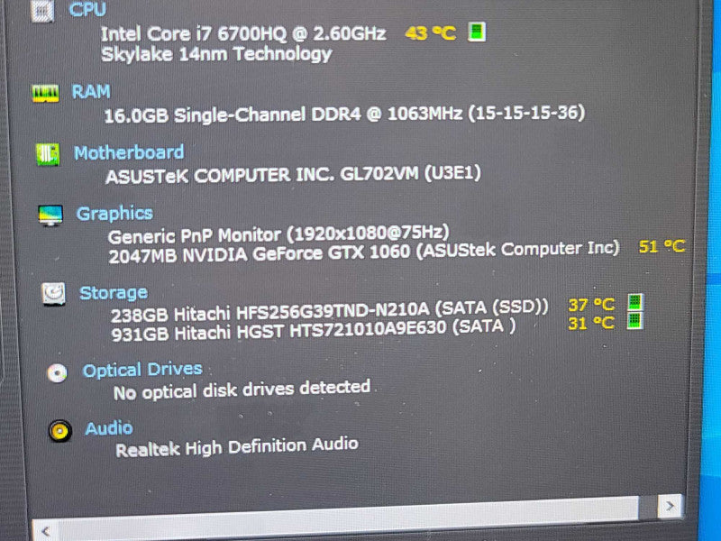 ASUS ROG GL702V i7-6700HQ, 16GB DDR4,  GeForce GTX 1060, 256GB SSD + 1TB HDD