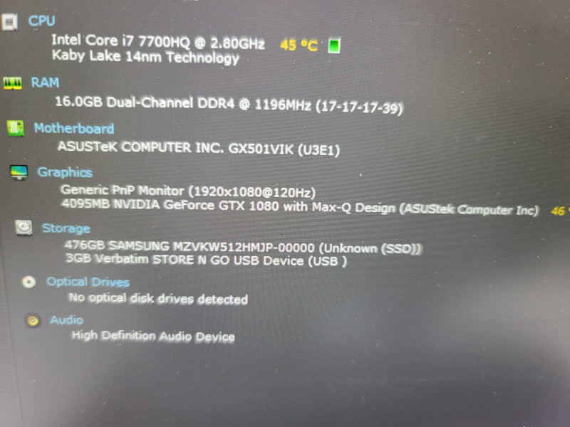 ASUS Zepyhrus GX501 i7-7700HQ, 16GB DDR4, GeForce GTX 1080 , 1TB **READ