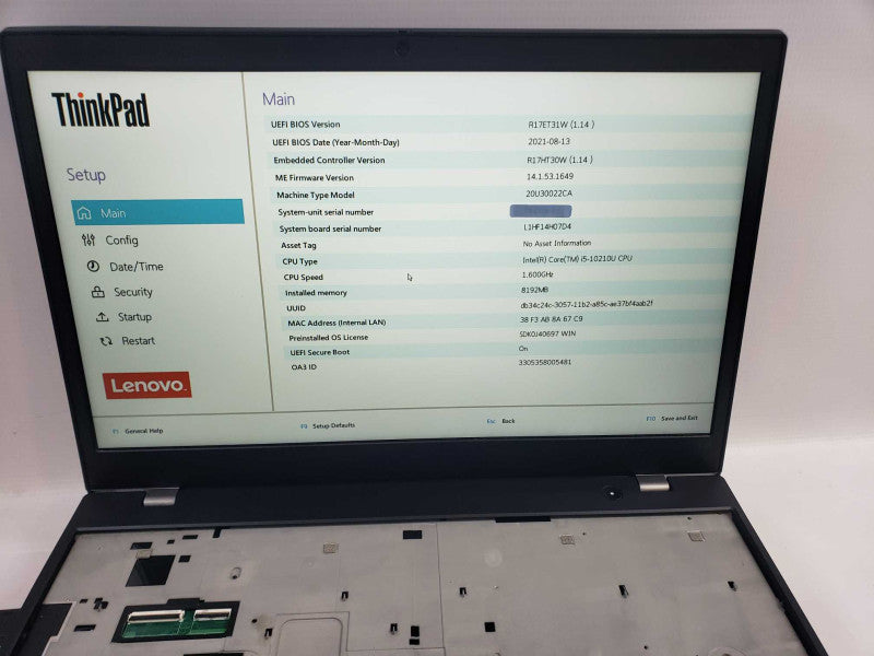 Lenovo ThinkPad L15 intel i5-10210U @ 1.60GHz / 8GB Ram / No M.2 SSD