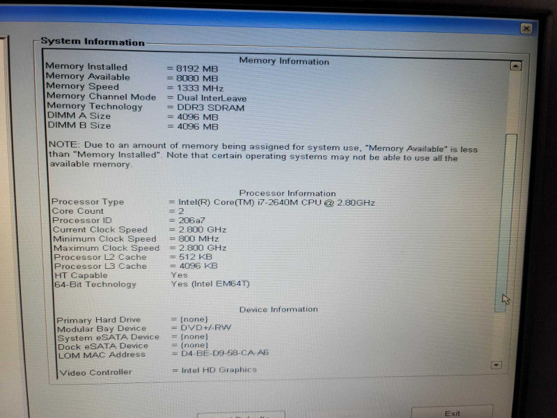 Dell Latitude Rugged E6424 i7-2640U @ 2.80GHz, 8GB DDR4, NO HDD