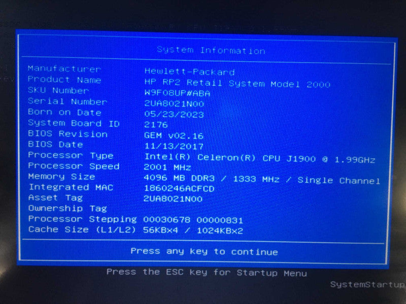 HP RP2 Retail System Model 2000 EPOS, Celeron CPU J1900, 4GB DDR3, 500GB HDD
