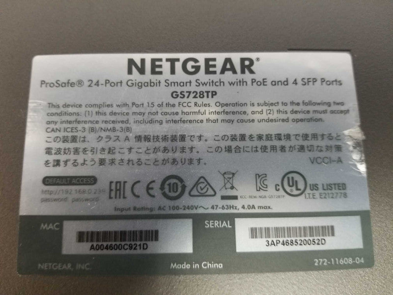 netgear ProSafe GS728TP 24x port gigabit smart switch PoE 4x SFP - Fact Reset #