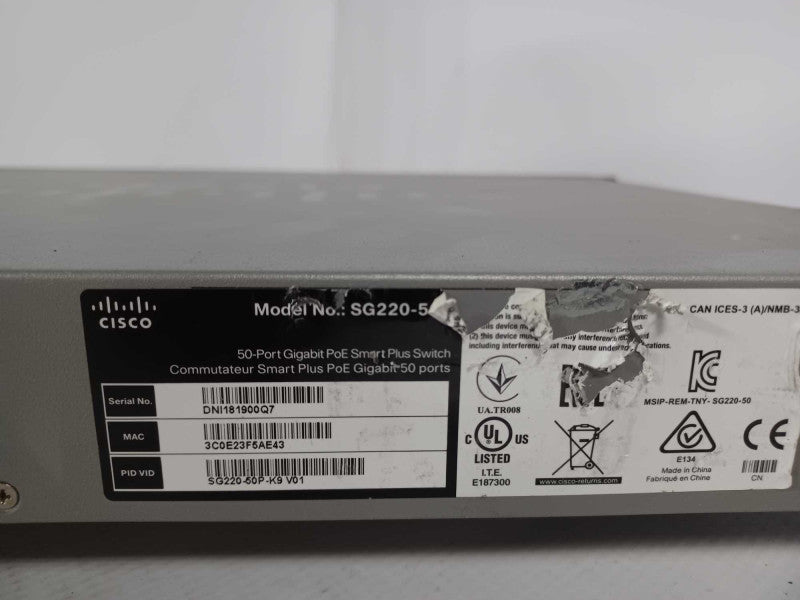 Cisco SG220-50P-K9 50 Port Gigabit PoE Smart Plus Switch W/ Rack Ear _