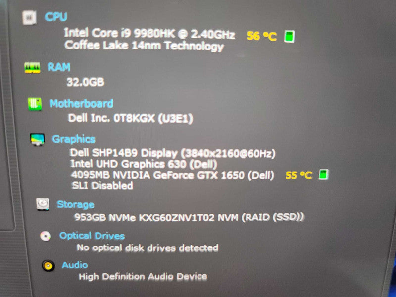 Dell XPS 15 7590 i9-9980HK @ 2.40GHz, 32GB DDR4, 4GB GeForce GTX 1650, 1TB SS