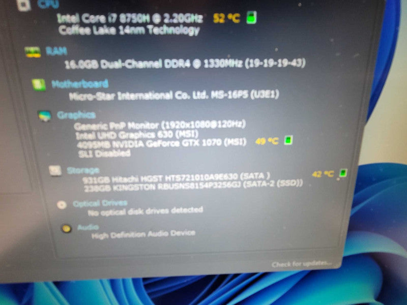 MSI GE63 RAIDER i7-8750H @ 2.20GHz, 16GB DDR4, GeForce GTX 1070, 256GB + 1TB