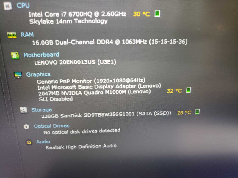 Lenovo ThinkPad P50 QuadroM1000M intel i7-6700HQ@ 2.60GHz /16GB Ram/256GB M.2