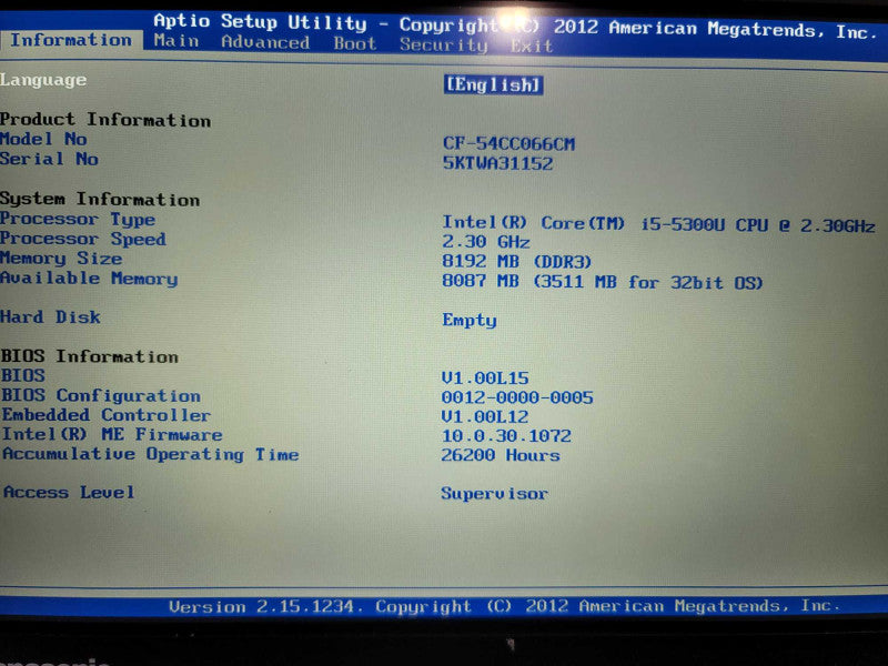Panasonic ToughBook CF54 i5-5300U @ 2.3GHz, 8GB DDR3, NO HDD/CADDY