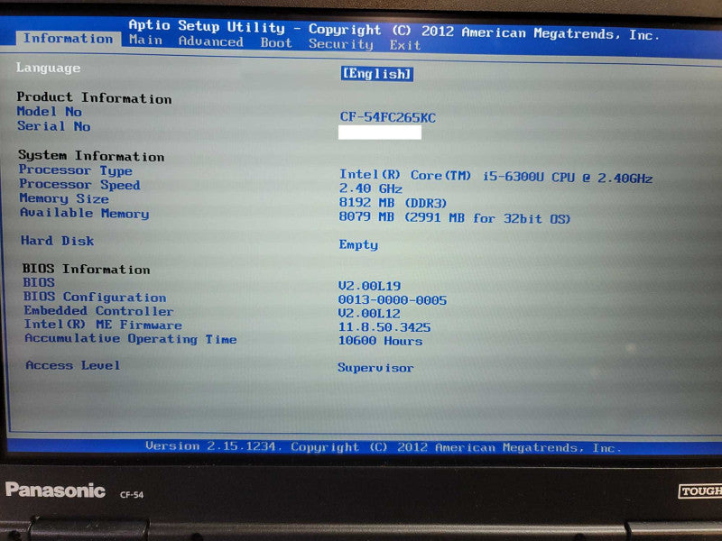 Panasonic ToughBook CF54 i5-6300U @ 2.3GHz, 8GB DDR3, NO HDD/CADDY