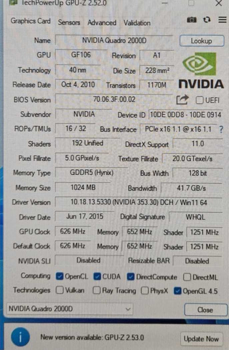 Nvidia Quadro 2000D VCQ2000D-T 1GB GDDR5 PCIe 2.0 x16 2x DVI-DL Video Card )