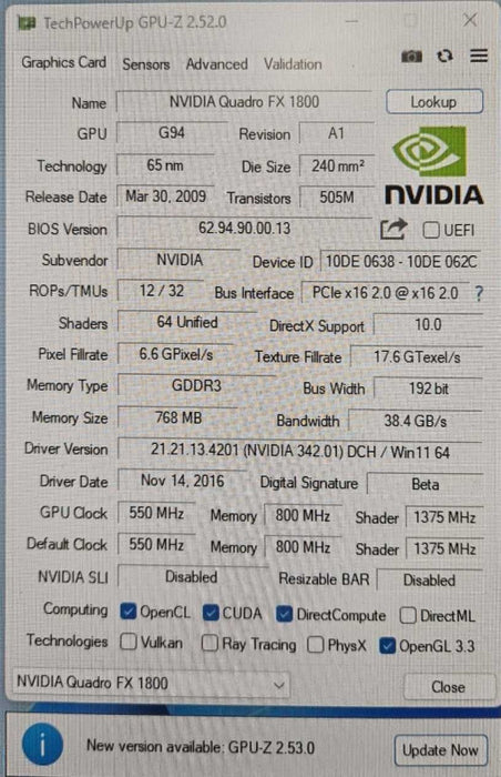 Nvidia Quadro FX 1800 768MB GDDR3 SDRAM PCI Express x16 Video Card )