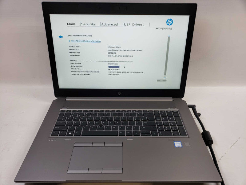 HP ZBook 17 G5 intel i7-8850H @ 2.60GHz / 320GB Ram / 512GB M.2/ No Battery