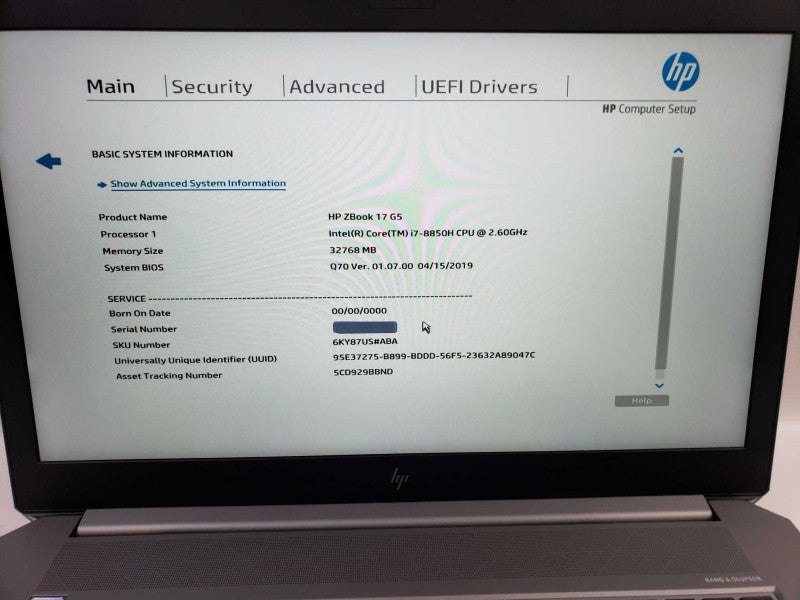 HP ZBook 17 G5 intel i7-8850H @ 2.60GHz / 320GB Ram / 512GB M.2/ No Battery