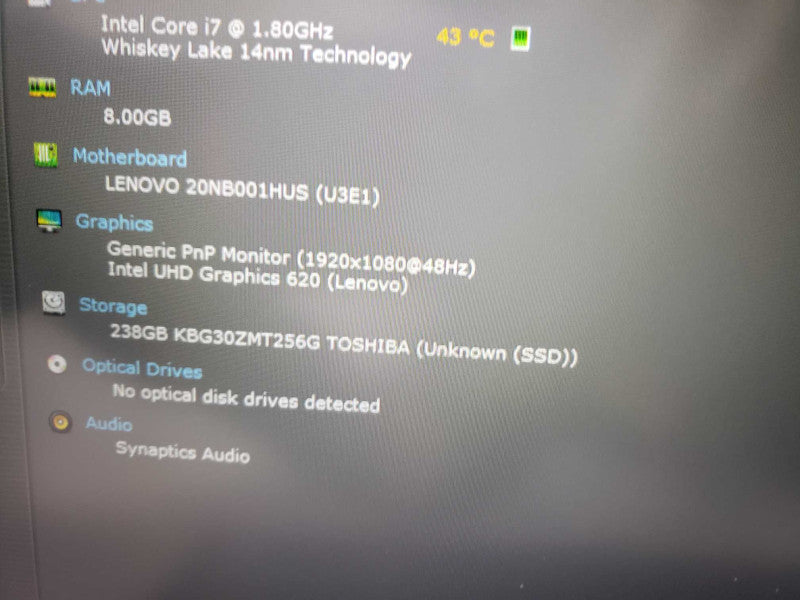 Lenovo ThinkPad E590 intel i7-8565U @ 1.80GHz 8GB / DDR4 256GB SSD M.2