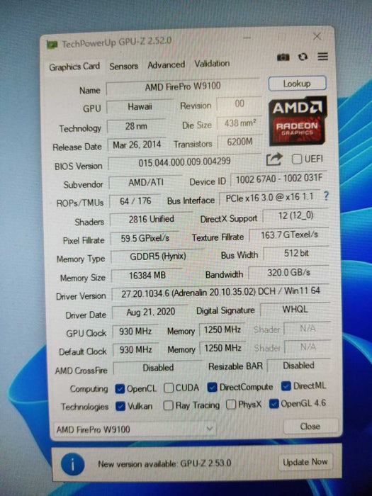 AMD firePro W9100 2816C 16GB DDR5 930Mhz 6x Mini Display Port #