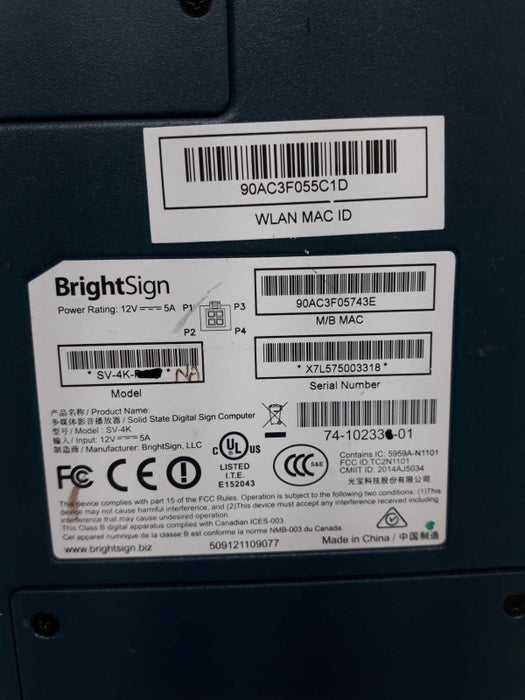 BrightSign SV-4K Solid State Digital Sign Computer SV-4K-NA Bright Sign &