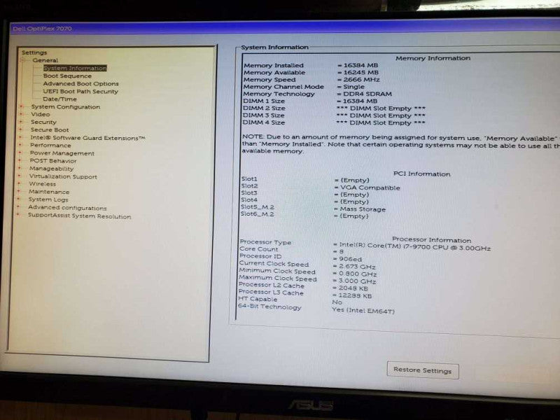 Dell OptiPlex PC (256GB PCIe, Intel Core i7 9700 CPU @ 3.00GHz, 16GB RAM