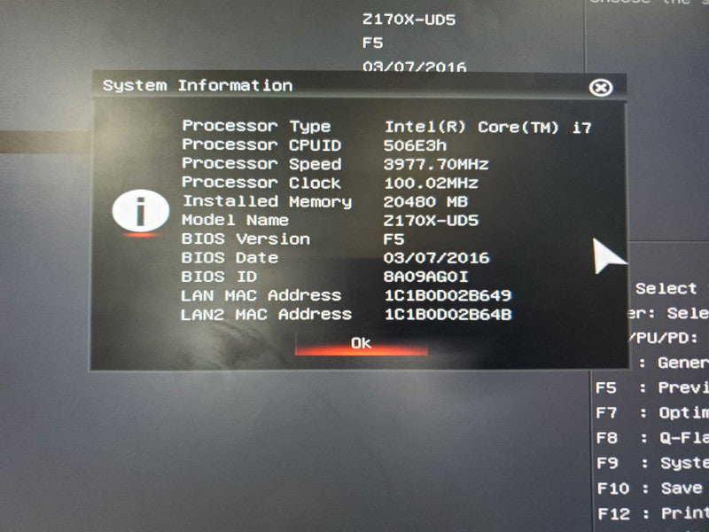 Gigabyte GA-Z170X-UD5 + Intel Core i7-6700 @ 3.4GHz + 20GB DDR4 (