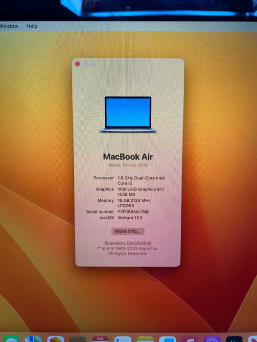 2019 13-inch MacBook Air Retina with Intel i5 CPU 16GB RAM & 120GB Storage #