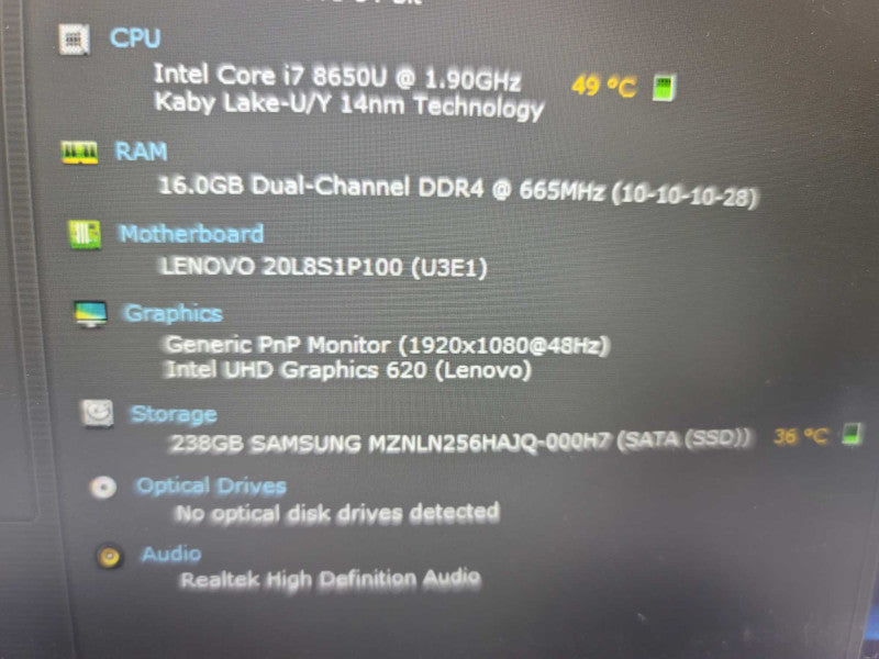 Lenovo T480s i7-8650U @ 1.90GHz, 16GB DDR4, 256GB SSD **read Î²