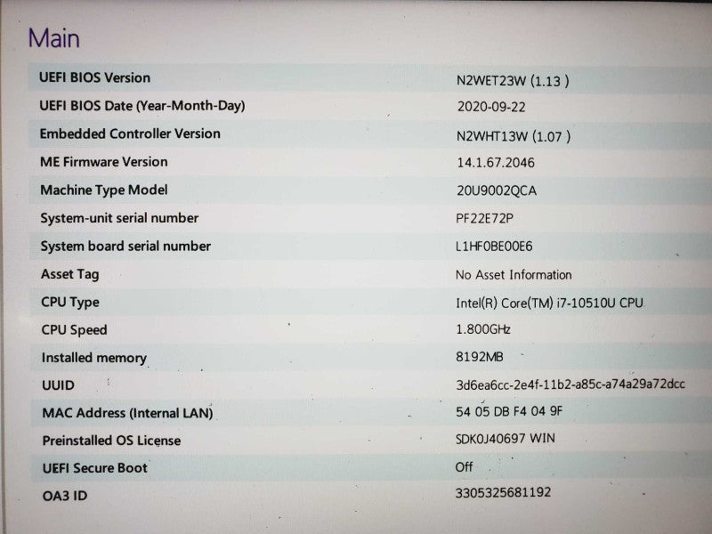 Lenovo ThinkPad X1 G8 Core i7-10510U @ 1.8GHz 8GB DDR4 No HDD [Read] (