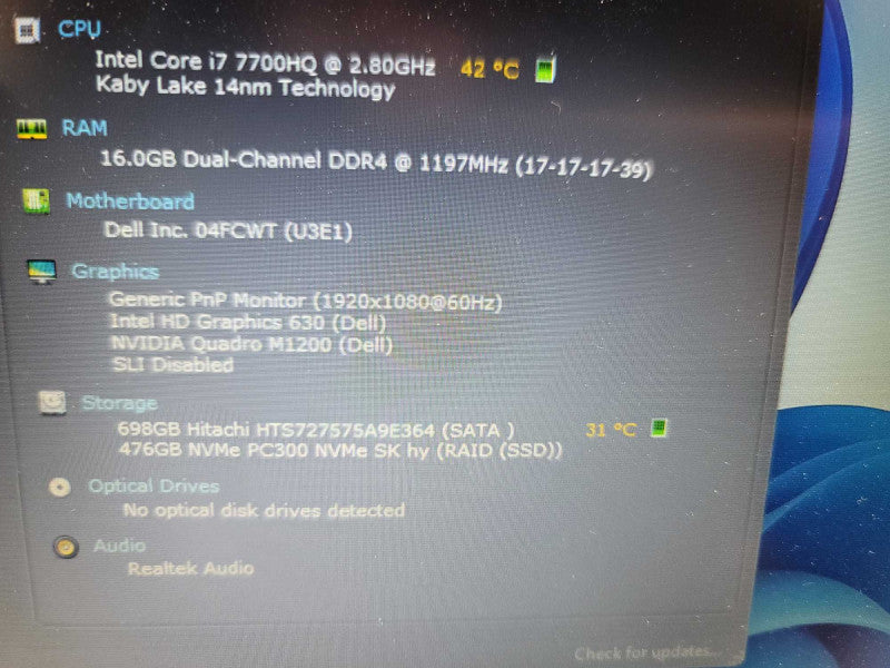Dell Precision 7520 i7-7700HQ, Nvidia Quadro M1200, 480GB SSD + 750GB HDD **r Î²