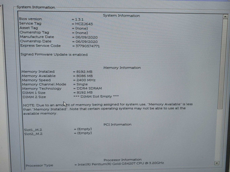 Dell OptiPlex 3070 Mini PC Pentium Gold G5420T 3.20GHz  8GB RAM 500 HDD Q