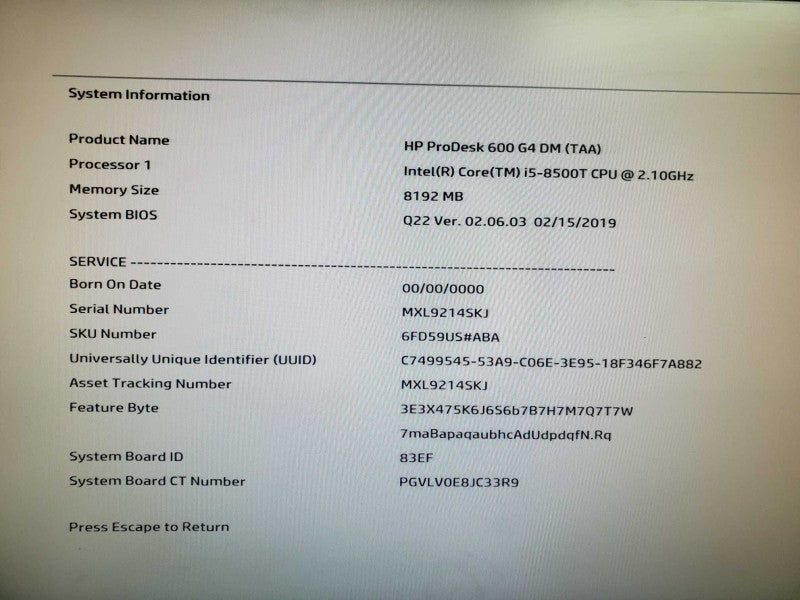 HP ProDesk 600 G4 Mini PC i5-8500T @ 2.10GHz 8GB DDR4 NO HDD Q)