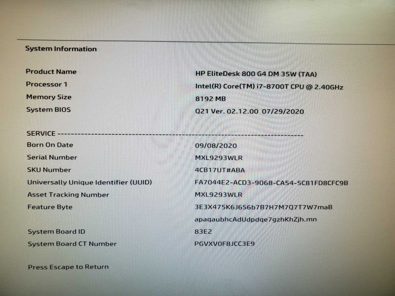 HP EliteDesk 800 G4 Mini PC i7-8700T @ 2.40GHz 8GB DDR4 NO HDD )