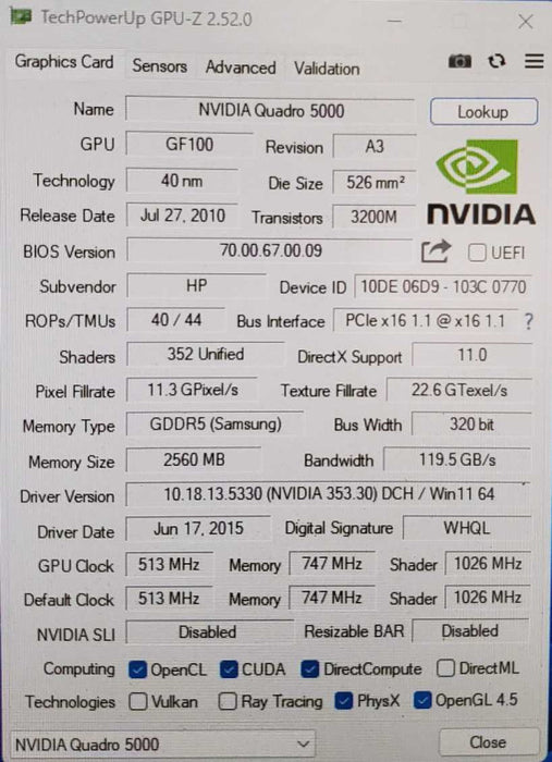 Nvidia Quadro 5000 2.50GB DDR5 Graphics Card )