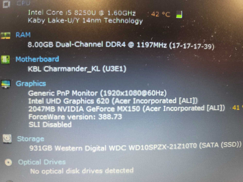 Acer Aspire A515, i5-8250U, 8GB DDR4, 2GB Nvidia GeForce MX150, 1TB SSD  **RE Î²